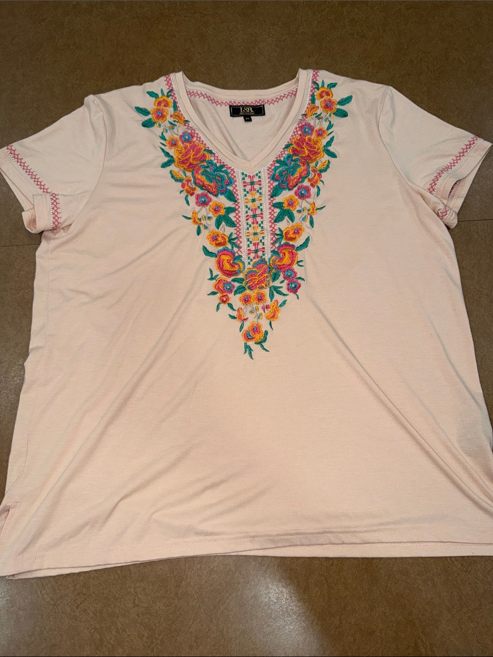 Lucky & Blessed Light Pink V-Neck Tee with Multicolor Floral Embroidery • SOFT
